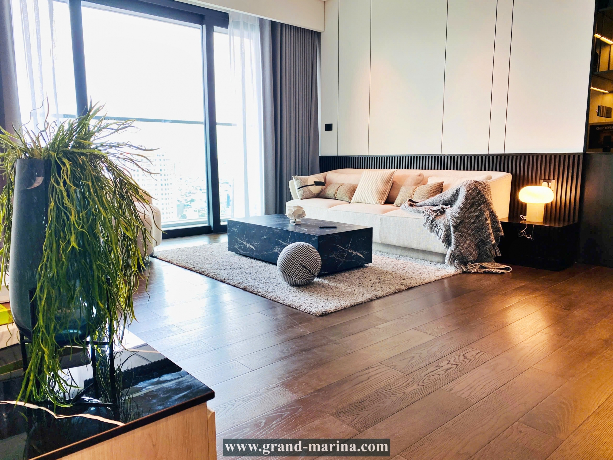 For rent at Grand Marina Saigon, a high-end furnished apartment with modern design, high floor, and open view